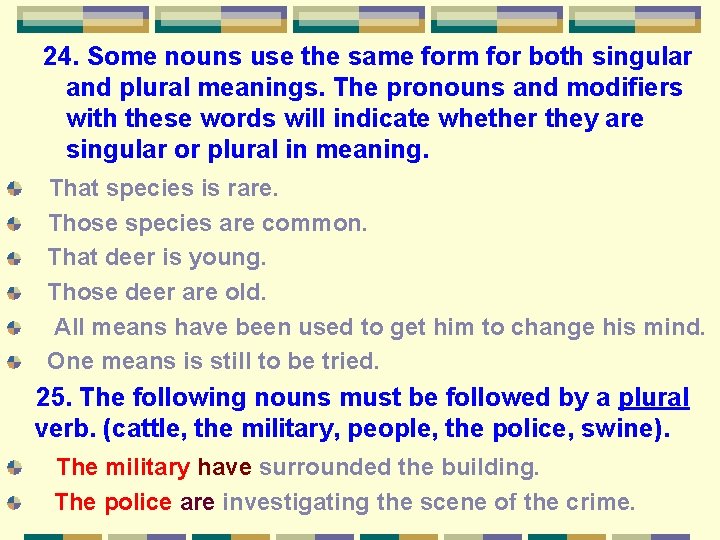 24. Some nouns use the same form for both singular and plural meanings. The