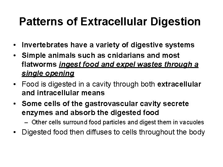 Patterns of Extracellular Digestion • Invertebrates have a variety of digestive systems • Simple