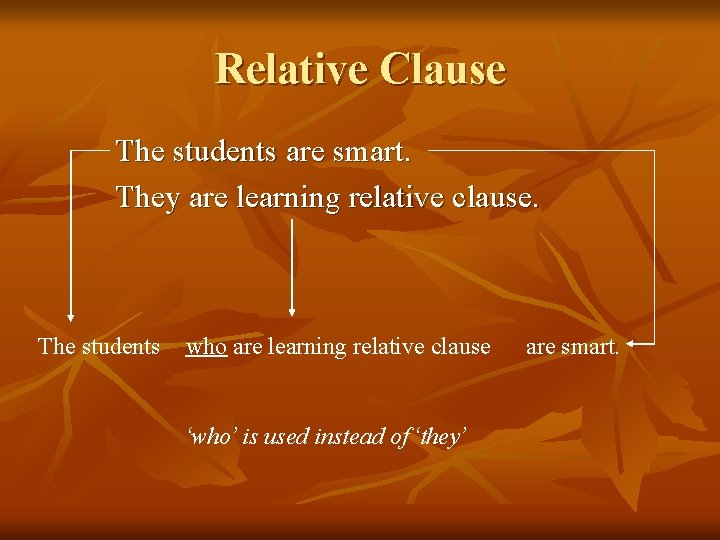 Relative Clause The students are smart. They are learning relative clause. The students who