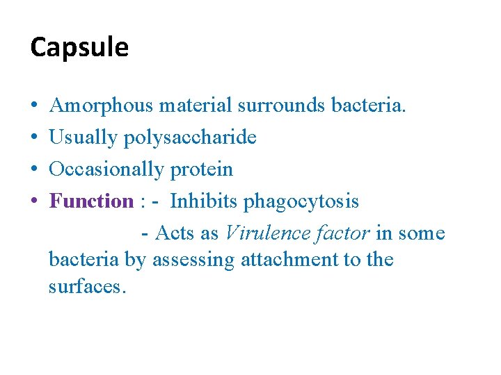 Capsule • • Amorphous material surrounds bacteria. Usually polysaccharide Occasionally protein Function : -