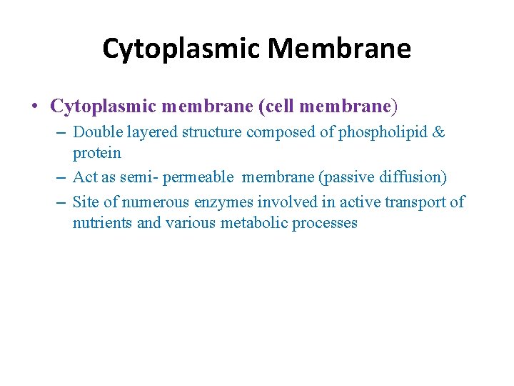 Cytoplasmic Membrane • Cytoplasmic membrane (cell membrane) – Double layered structure composed of phospholipid