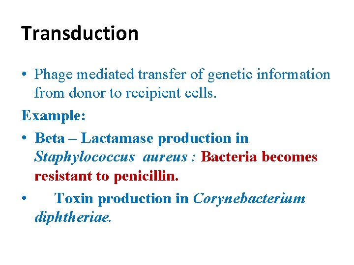 Transduction • Phage mediated transfer of genetic information from donor to recipient cells. Example: