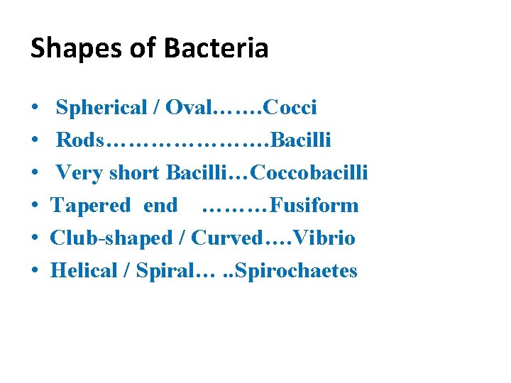 Shapes of Bacteria • • • Spherical / Oval……. Cocci Rods…………………. Bacilli Very short