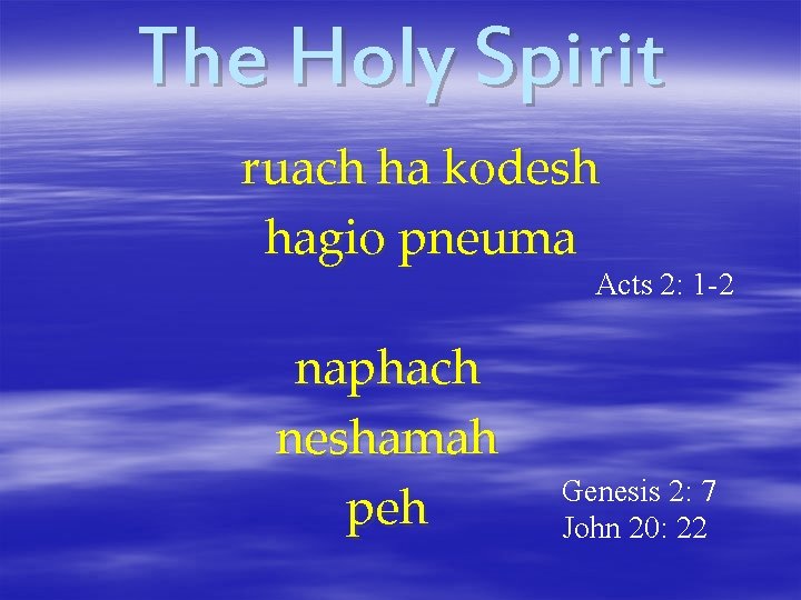 The Holy Spirit ruach ha kodesh hagio pneuma Acts 2: 1 -2 naphach neshamah