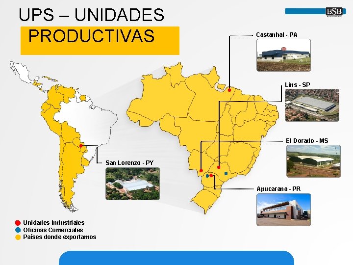 UPS – UNIDADES PRODUCTIVAS Castanhal - PA Lins - SP El Dorado - MS