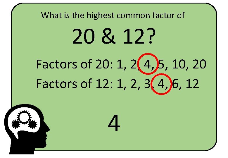 What is the highest common factor of 20 & 12? Factors of 20: 1,