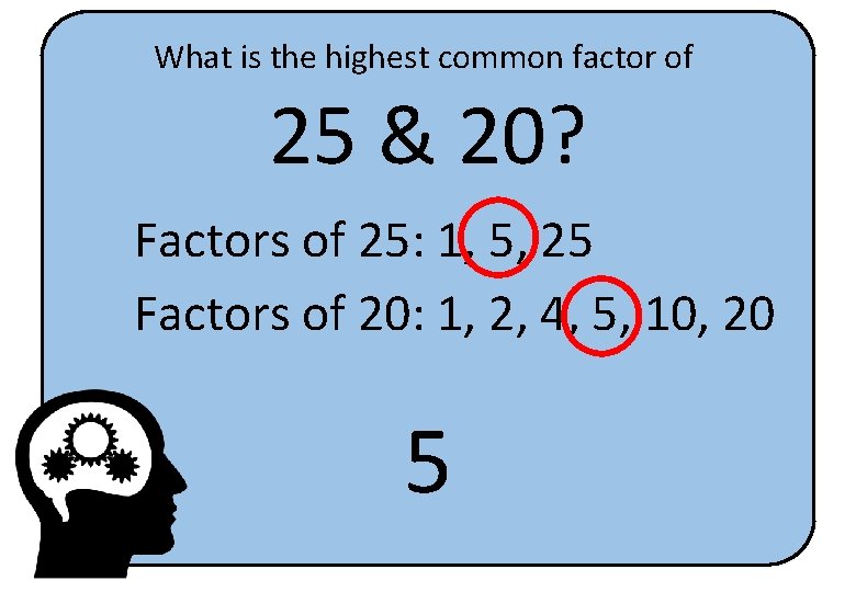 What is the highest common factor of 25 & 20? Factors of 25: 1,