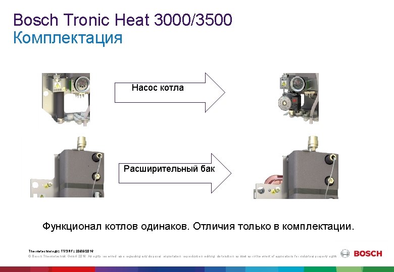 Bosch Tronic Heat 3000/3500 Комплектация Насос котла Расширительный бак Функционал котлов одинаков. Отличия только
