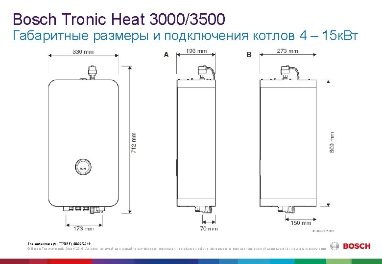 Bosch Tronic Heat 3000/3500 Габаритные размеры и подключения котлов 4 – 15 к. Вт