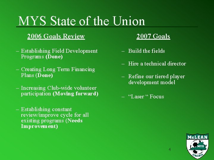 MYS State of the Union 2006 Goals Review – Establishing Field Development Programs (Done)