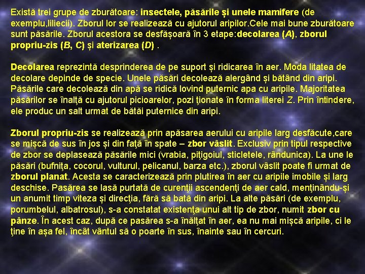 Există trei grupe de zburătoare: insectele, păsările și unele mamifere (de exemplu, liliecii). Zborul
