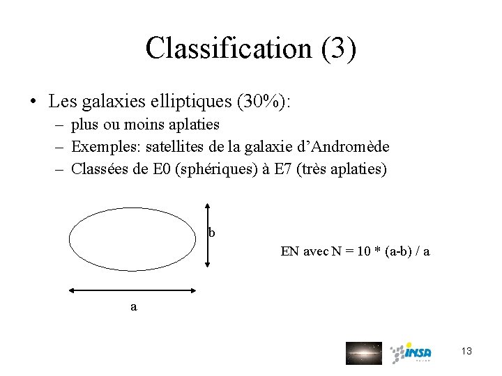 Classification (3) • Les galaxies elliptiques (30%): – plus ou moins aplaties – Exemples: