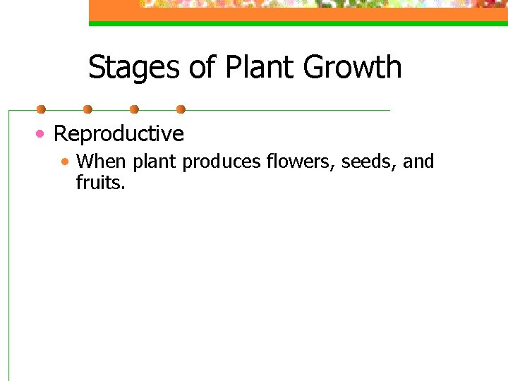 Stages of Plant Growth • Reproductive • When plant produces flowers, seeds, and fruits.