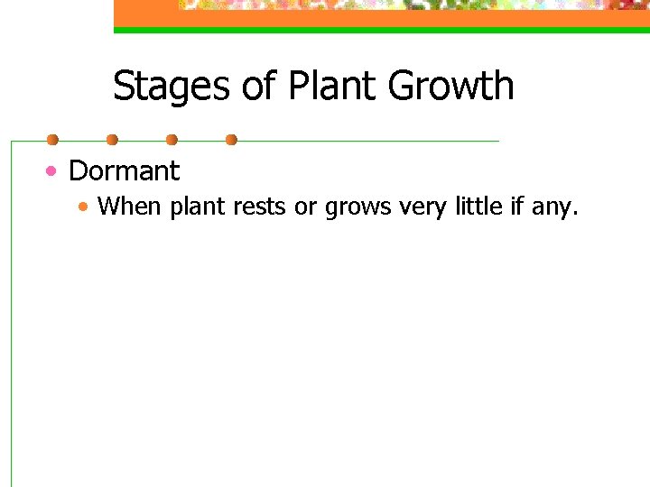 Stages of Plant Growth • Dormant • When plant rests or grows very little