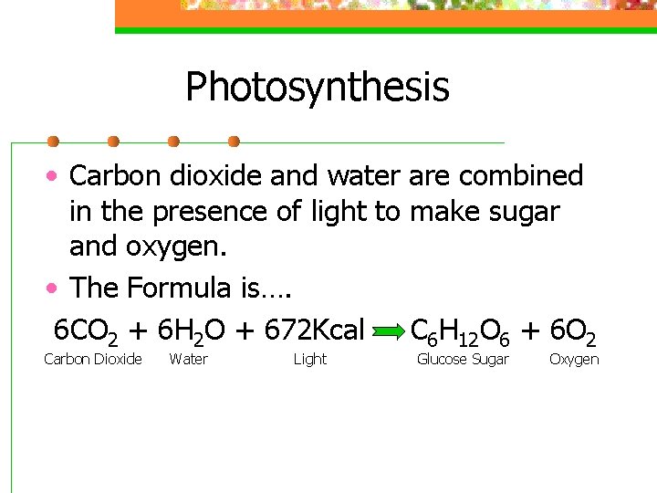 Photosynthesis • Carbon dioxide and water are combined in the presence of light to