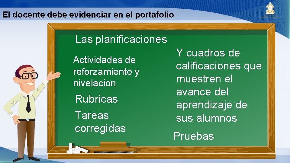 El docente debe evidenciar en el portafolio Las planificaciones Actividades de reforzamiento y nivelacion