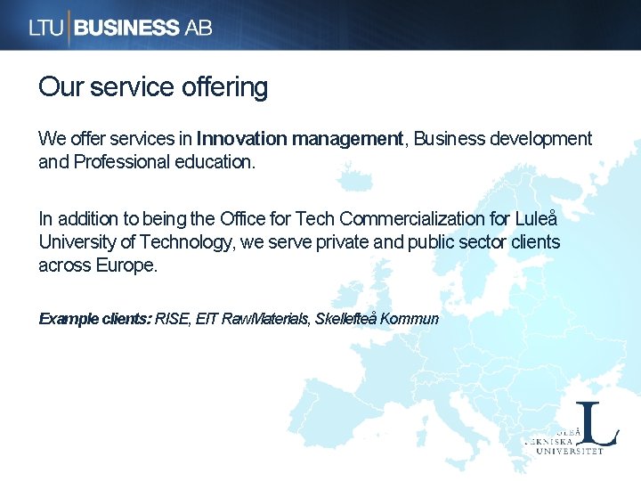 Our service offering We offer services in Innovation management, Business development and Professional education.