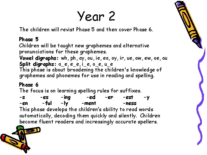 Year 2 The children will revist Phase 5 and then cover Phase 6. Phase