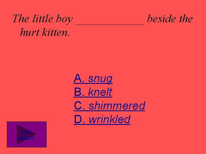 The little boy ______ beside the hurt kitten. A. snug B. knelt C. shimmered