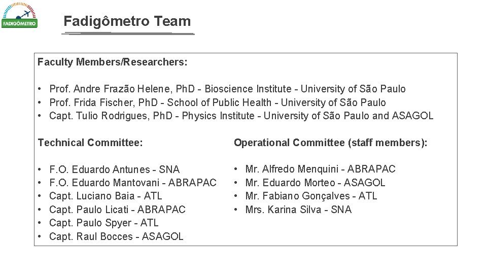 Fadigômetro Team Faculty Members/Researchers: • Prof. Andre Frazão Helene, Ph. D - Bioscience Institute