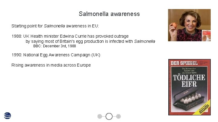 Salmonella awareness Starting point for Salmonella awareness in EU: 1988: UK Health minister Edwina