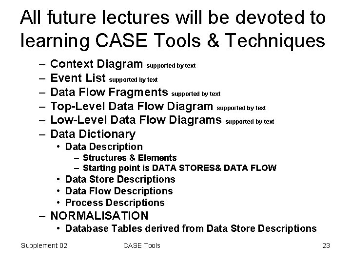 All future lectures will be devoted to learning CASE Tools & Techniques – –