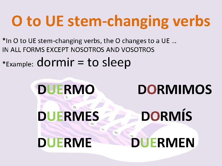O to UE stem-changing verbs *In O to UE stem-changing verbs, the O changes