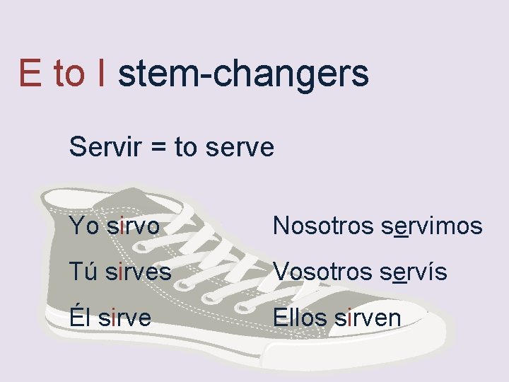 E to I stem-changers Servir = to serve Yo sirvo Nosotros servimos Tú sirves