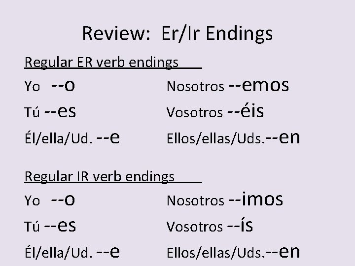 Review: Er/Ir Endings Regular ER verb endings --o Tú --es Yo Él/ella/Ud. --e Nosotros