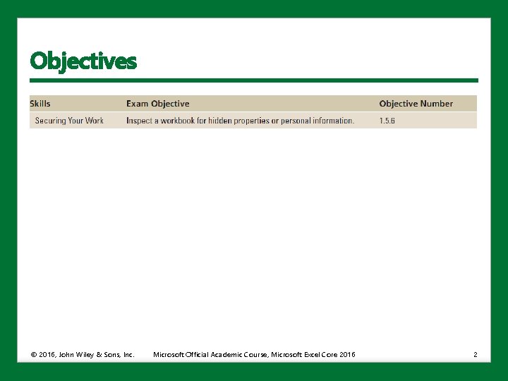 Objectives © 2016, John Wiley & Sons, Inc. Microsoft Official Academic Course, Microsoft Excel