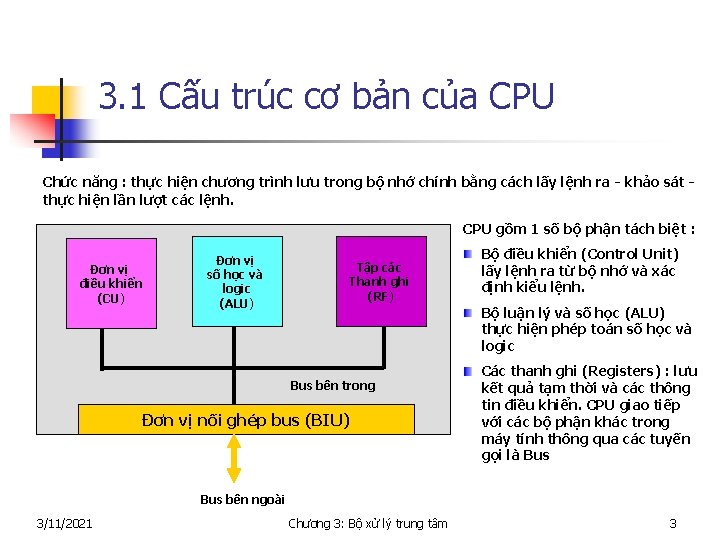 3. 1 Cấu trúc cơ bản của CPU Chức năng : thực hiện chương