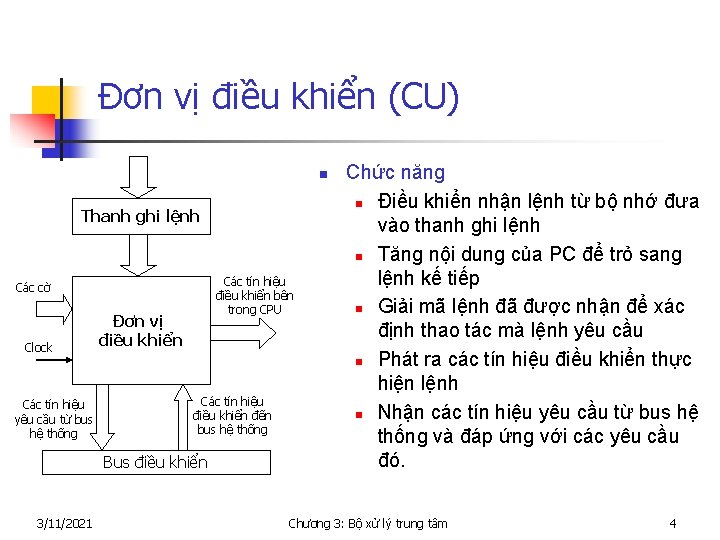 Đơn vị điều khiển (CU) n Thanh ghi lệnh Các tín hiệu điều khiển