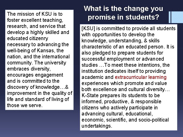 The mission of KSU is to foster excellent teaching, research, and service that develop