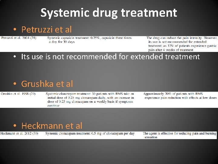 Systemic drug treatment • Petruzzi et al • Its use is not recommended for