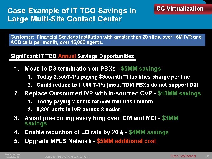 Case Example of IT TCO Savings in Large Multi-Site Contact Center CC Virtualization Customer: