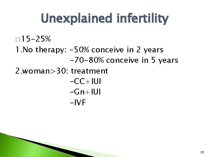 Unexplained infertility � 15 -25% 1. No therapy: -50% conceive in 2 years -70