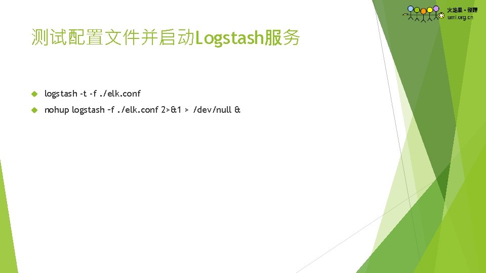 测试配置文件并启动Logstash服务 logstash -t -f. /elk. conf nohup logstash –f. /elk. conf 2>&1 > /dev/null