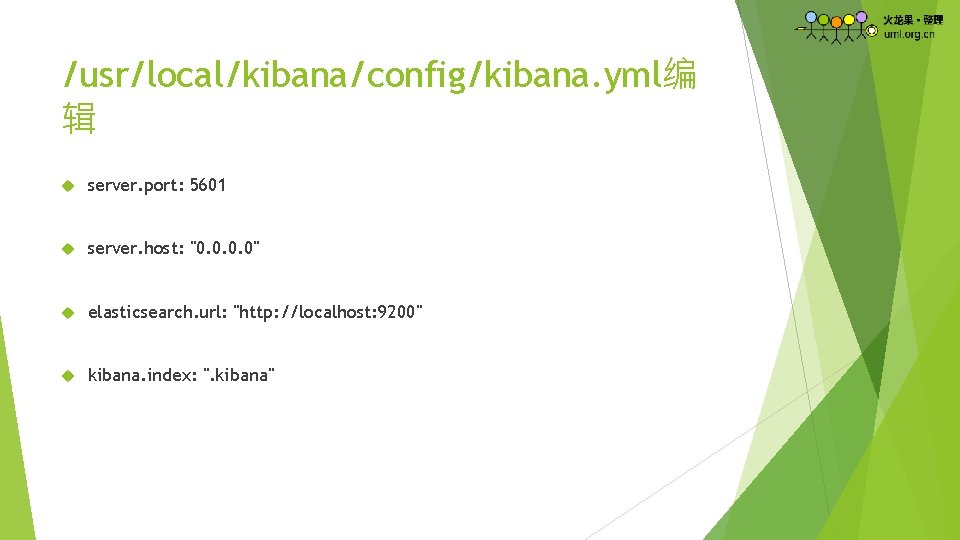 /usr/local/kibana/config/kibana. yml编 辑 server. port: 5601 server. host: "0. 0" elasticsearch. url: "http: //localhost: