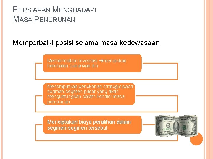 PERSIAPAN MENGHADAPI MASA PENURUNAN Memperbaiki posisi selama masa kedewasaan Meminimalkan investasi menaikkan hambatan penarikan