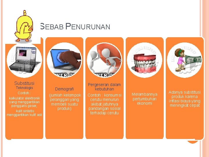 SEBAB-SEBAB PENURUNAN Substitusi Teknologis Contoh : kalkulator elektronik yang menggantikan penggaris geser, kulit sintetis