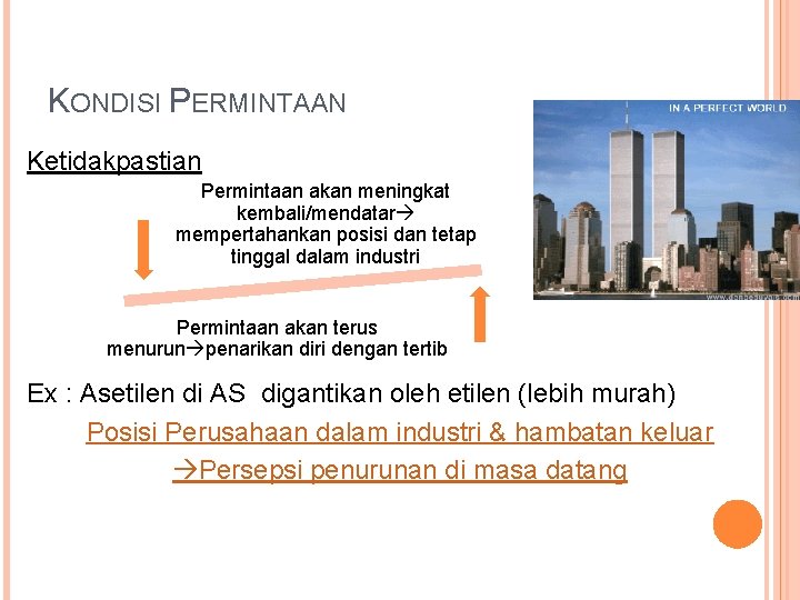 KONDISI PERMINTAAN Ketidakpastian Permintaan akan meningkat kembali/mendatar mempertahankan posisi dan tetap tinggal dalam industri