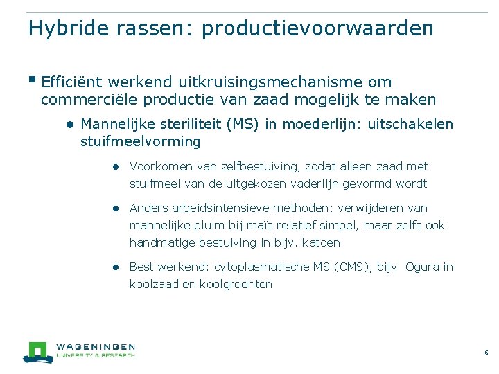 Hybride rassen: productievoorwaarden § Efficiënt werkend uitkruisingsmechanisme om commerciële productie van zaad mogelijk te