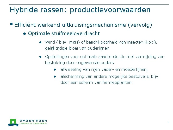 Hybride rassen: productievoorwaarden § Efficiënt werkend uitkruisingsmechanisme (vervolg) ● Optimale stuifmeeloverdracht ● Wind (