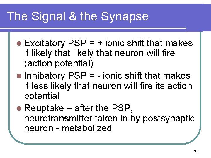 The Signal & the Synapse l Excitatory PSP = + ionic shift that makes