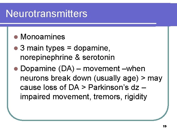 Neurotransmitters l Monoamines l 3 main types = dopamine, norepinephrine & serotonin l Dopamine