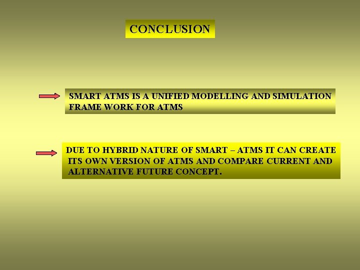 CONCLUSION SMART ATMS IS A UNIFIED MODELLING AND SIMULATION FRAME WORK FOR ATMS DUE