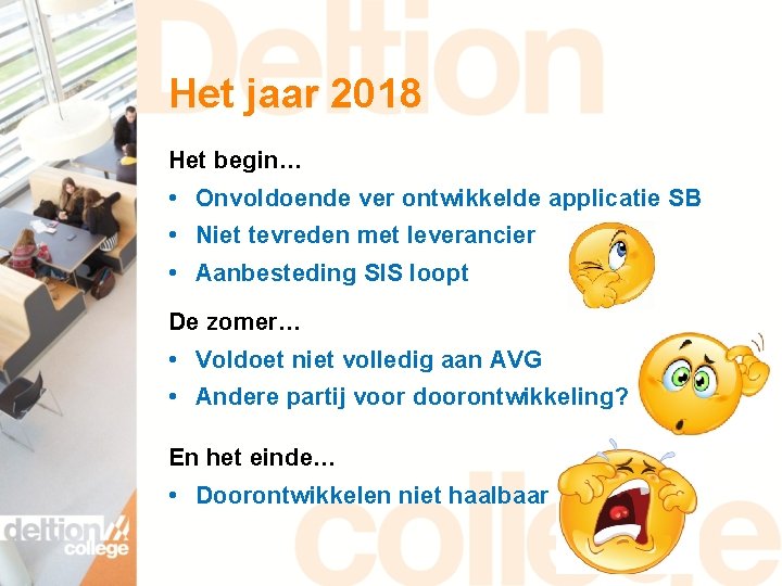 Het jaar 2018 Het begin… • Onvoldoende ver ontwikkelde applicatie SB • Niet tevreden