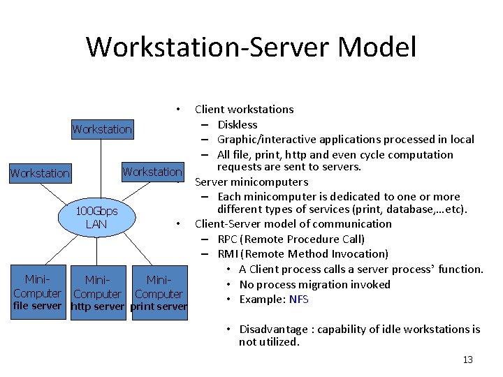 Workstation-Server Model Client workstations – Diskless Workstation – Graphic/interactive applications processed in local –