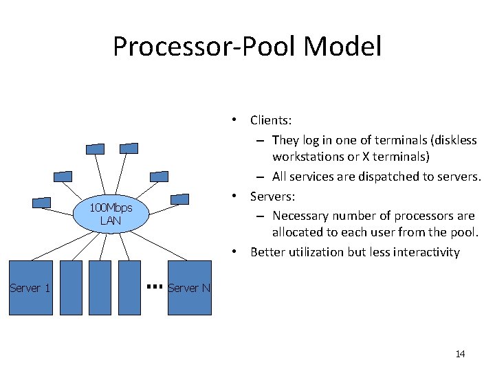 Processor-Pool Model • Clients: – They log in one of terminals (diskless workstations or