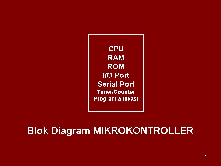 CPU RAM ROM I/O Port Serial Port Timer/Counter Program aplikasi Blok Diagram MIKROKONTROLLER 14